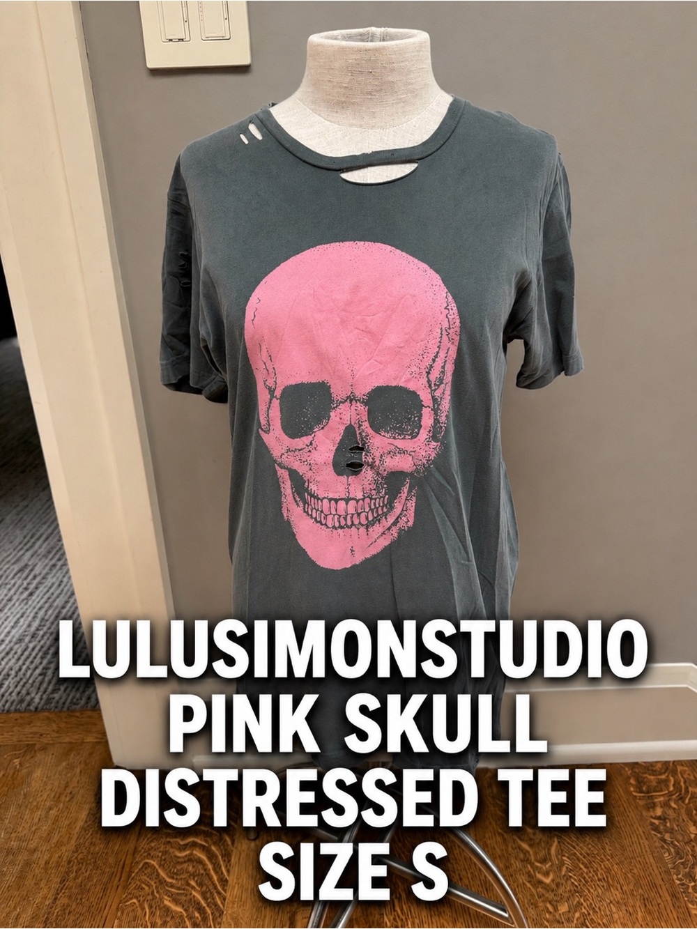 LULUSIMONSTUDIO Pink Skull Distressed Graphic Tee Gray 100% Cotton Size Small